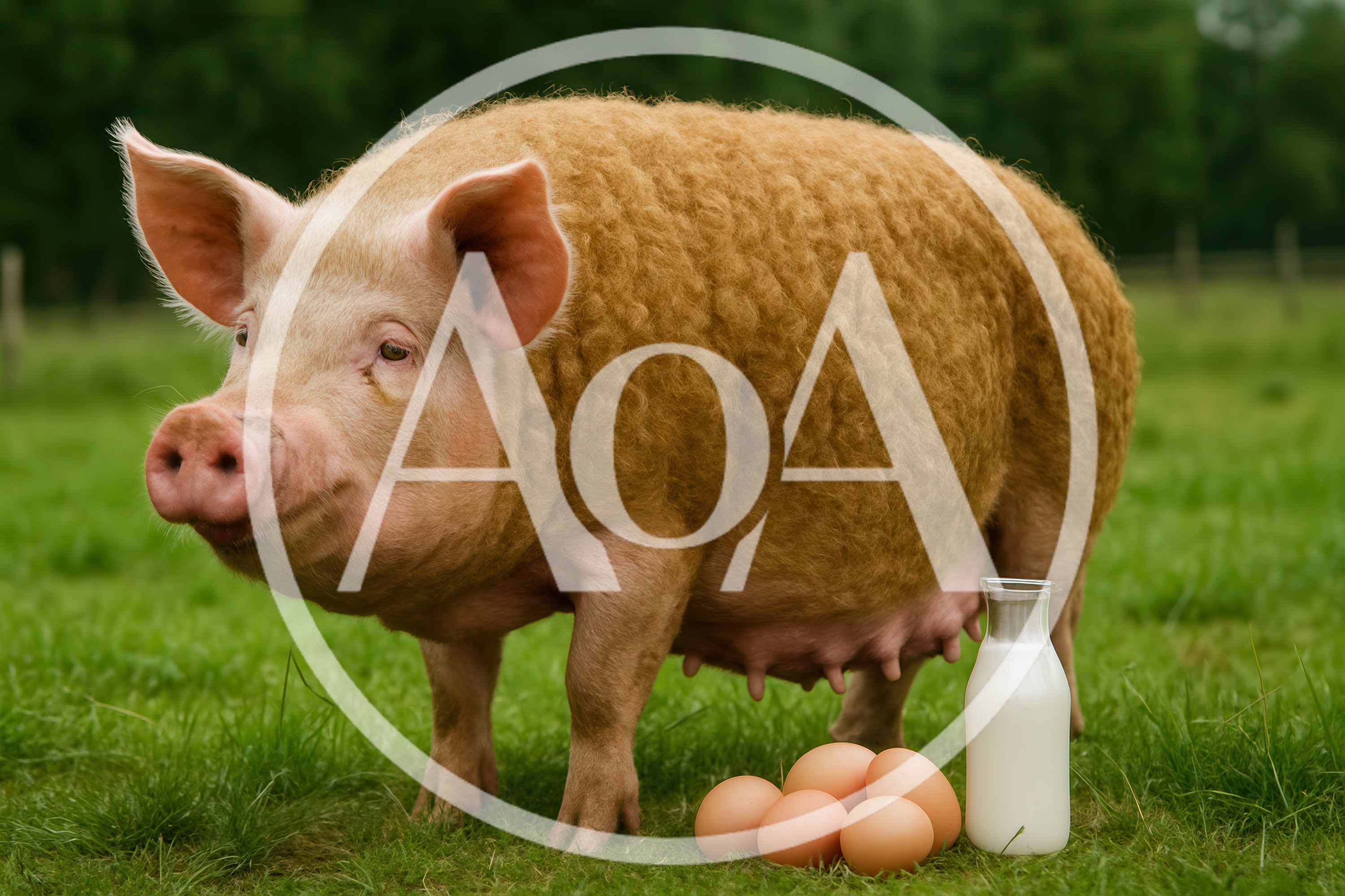 Furry Pig Standing With Eggs And Milk Bottle