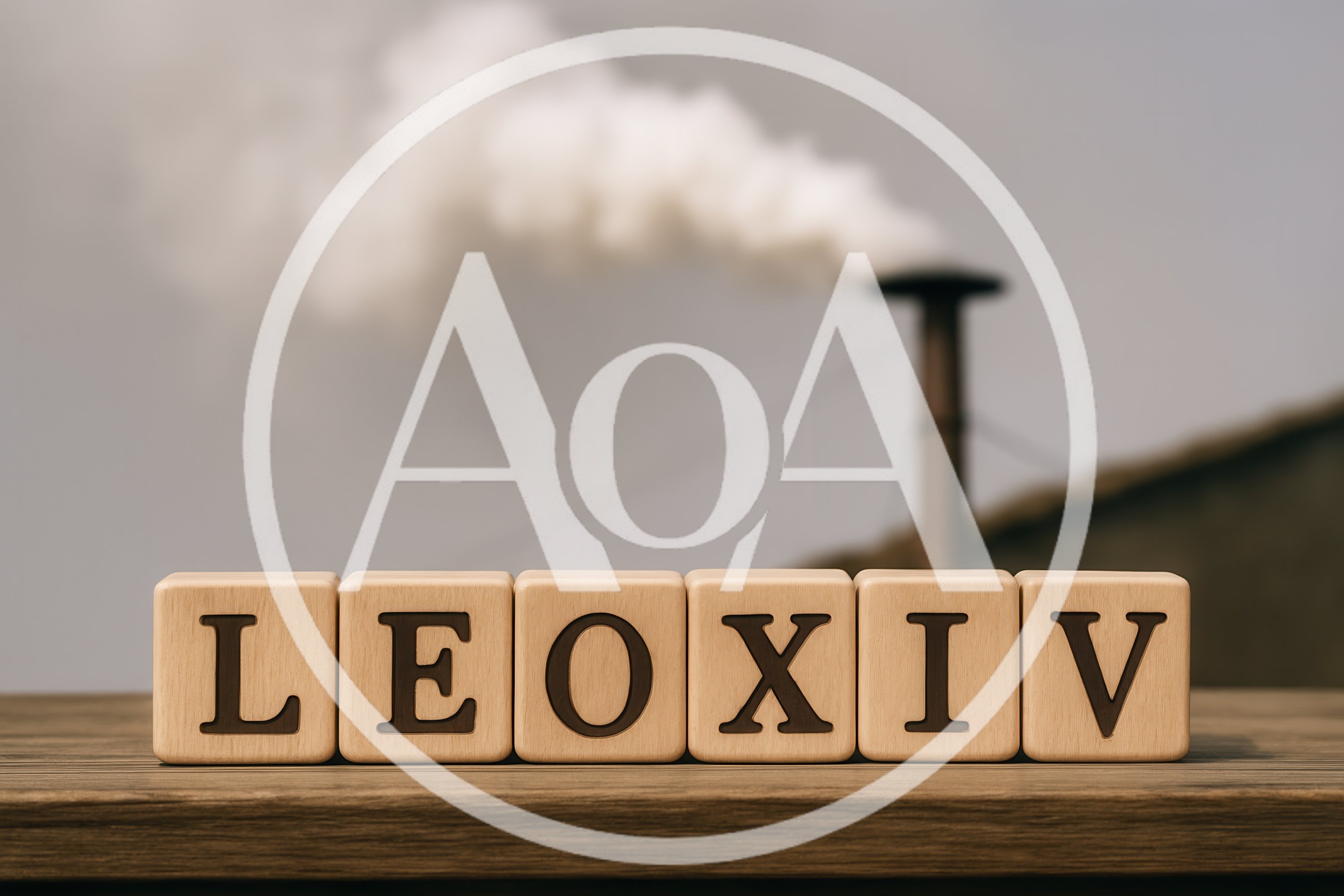 Wooden Blocks Spelling LEOXIV Against Industrial Smoke Background