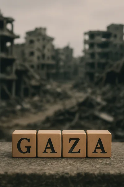 Wooden Blocks Spelling Gaza Against A War-Torn Cityscape