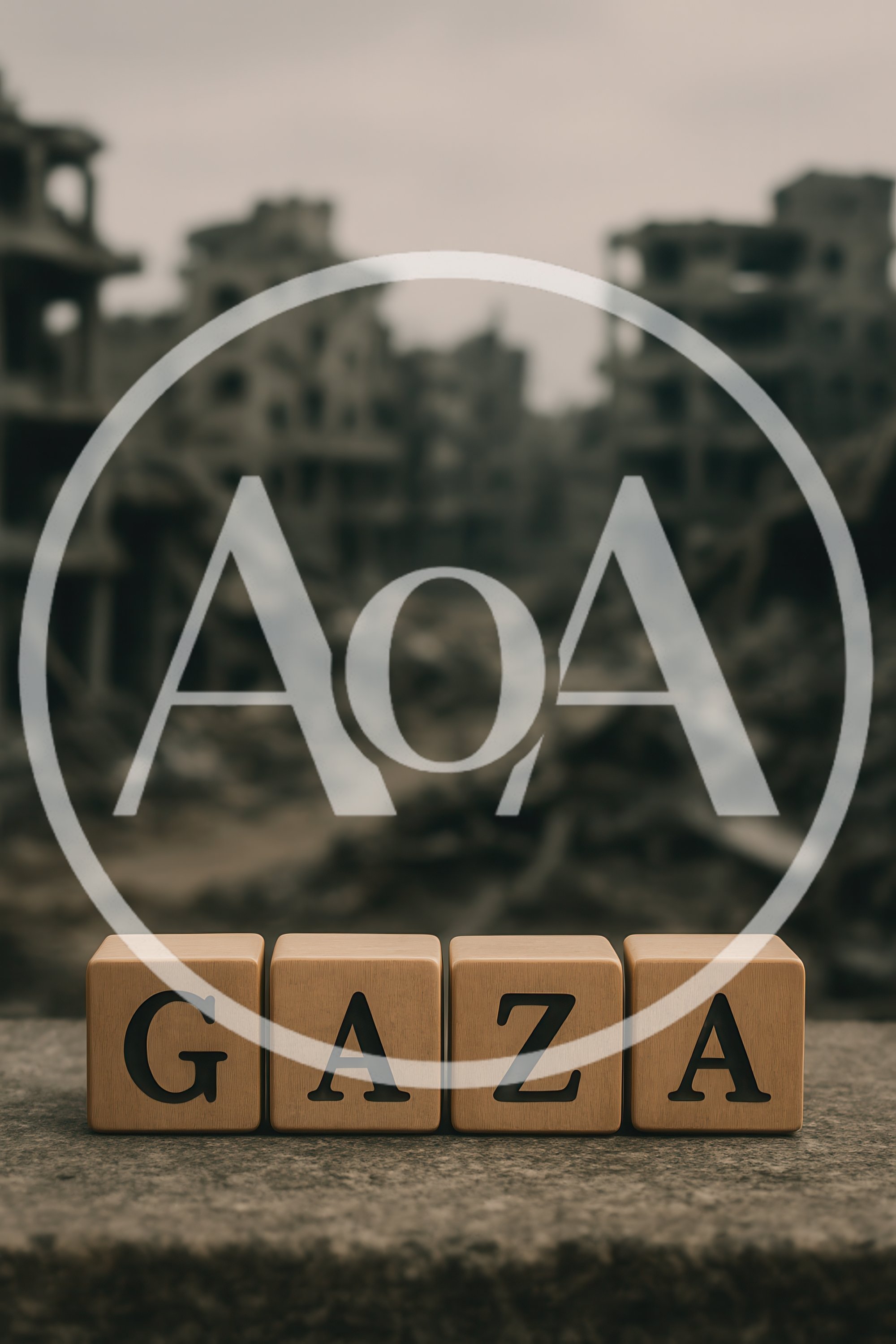 Wooden Blocks Spelling Gaza Against A War-Torn Cityscape