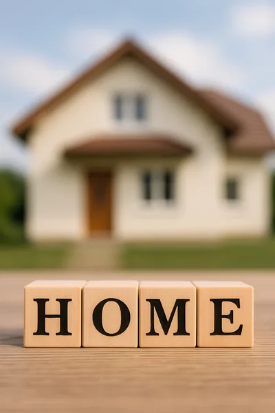 Wooden Blocks Spelling Home In Front Of Blurred House