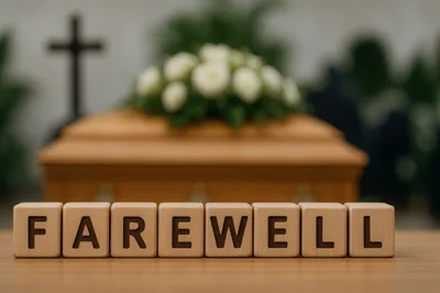 Wooden Blocks Spelling Farewell Before A Funeral Casket