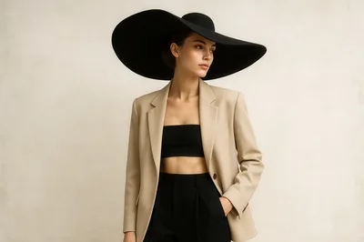 Fashion Model Wearing Oversized Black Hat And Beige Blazer