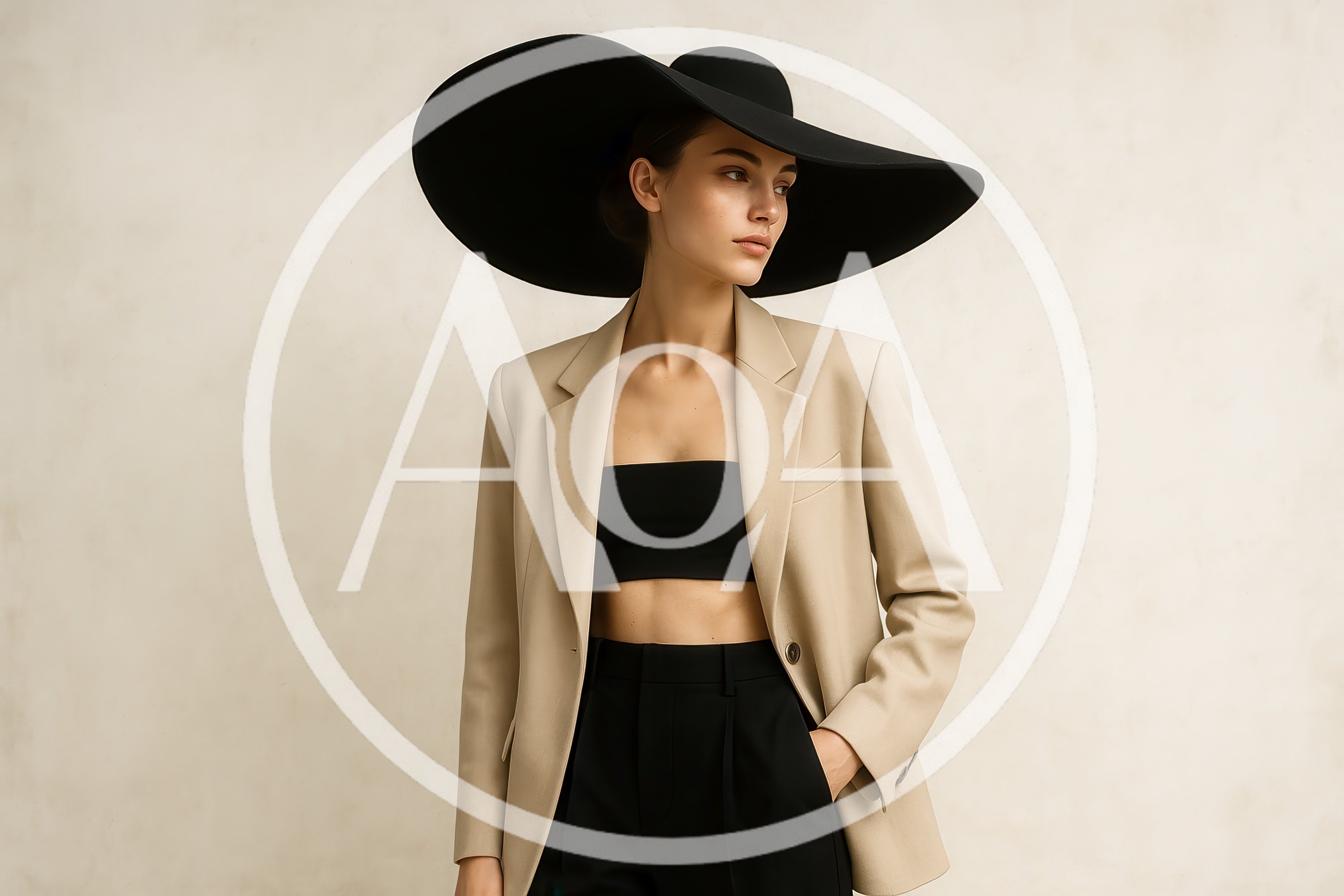 Fashion Model Wearing Oversized Black Hat And Beige Blazer