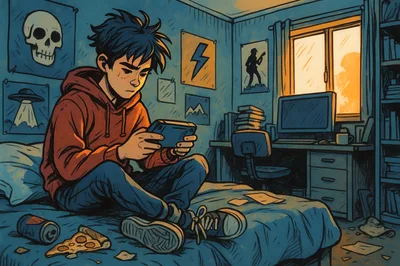 Teenager playing videogames in his messy bedroom ignoring the sunset