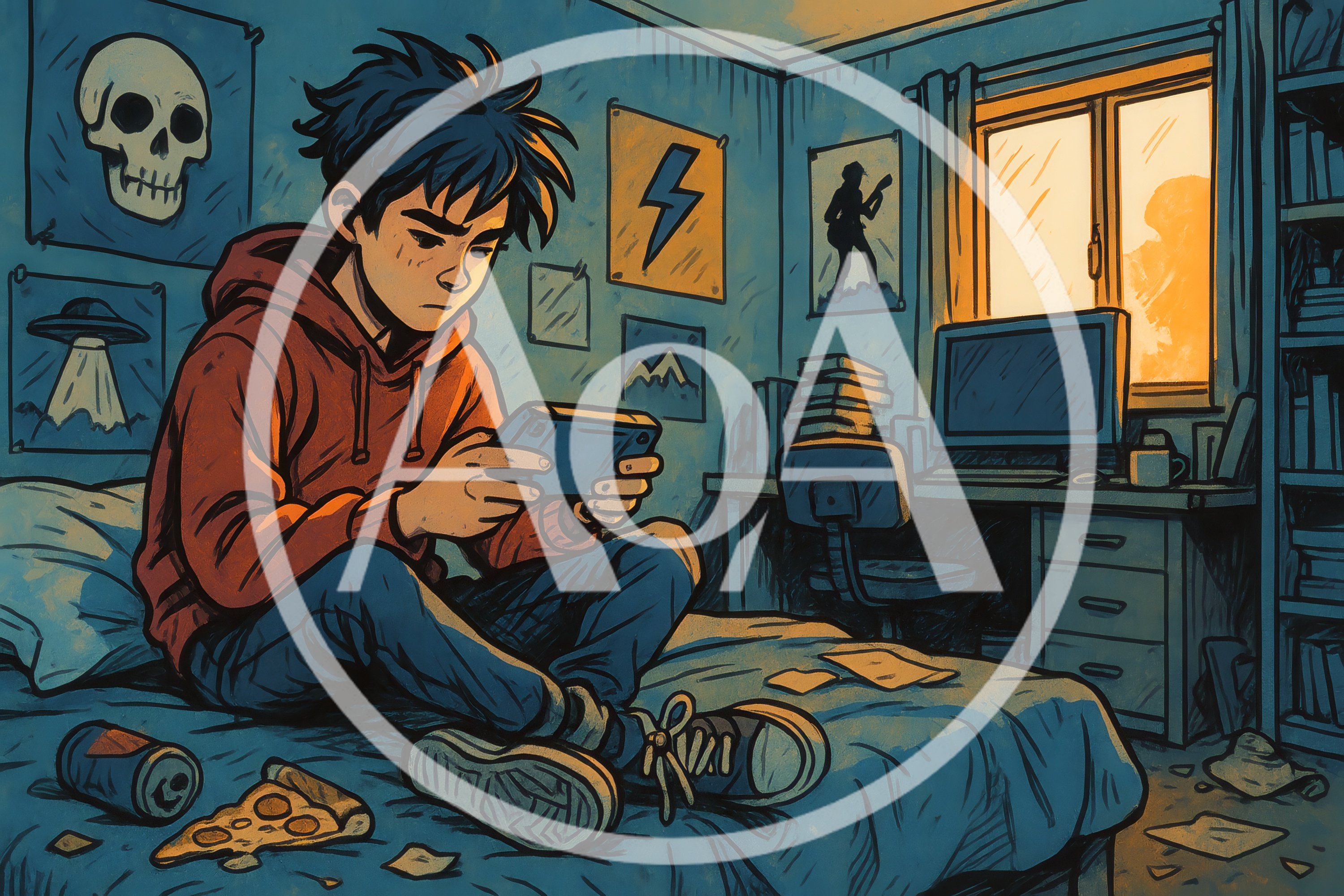 Teenager playing videogames in his messy bedroom ignoring the sunset