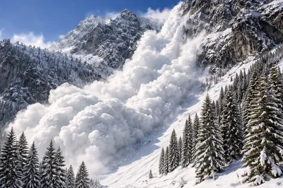 Massive Snow Avalanche Descending Steep Mountain Slope