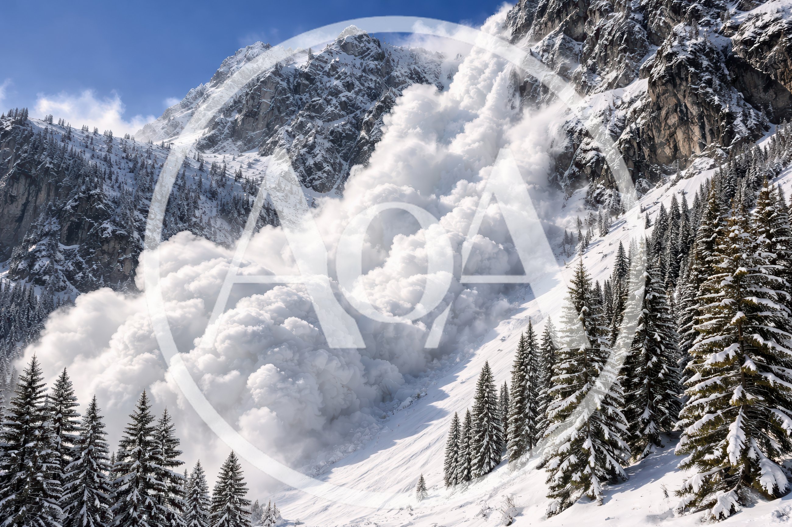 Massive Snow Avalanche Descending Steep Mountain Slope