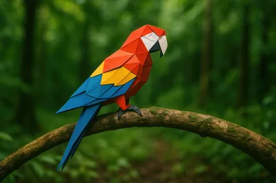 Origami Macaw Parrot Perched On A Mossy Branch