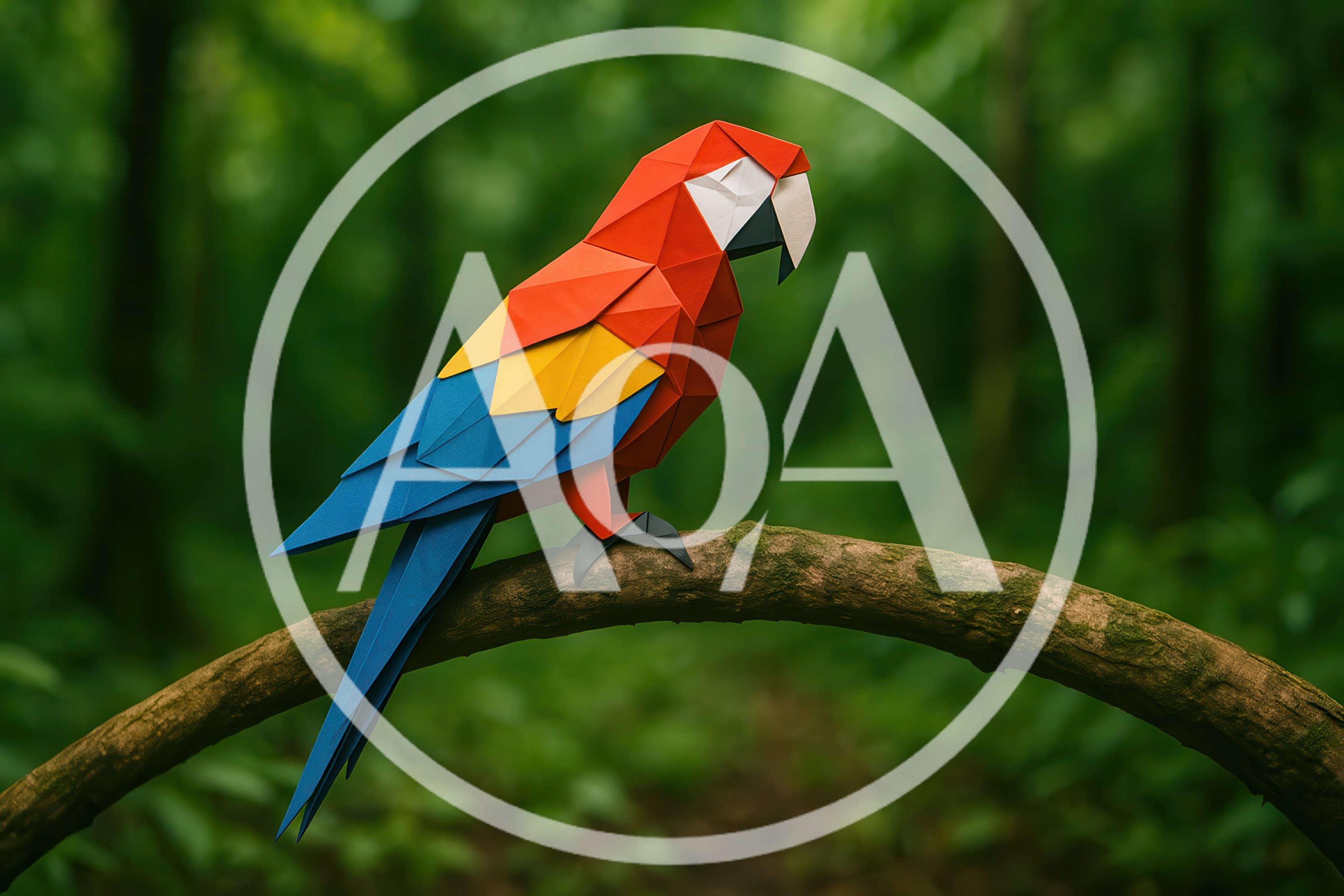 Origami Macaw Parrot Perched On A Mossy Branch