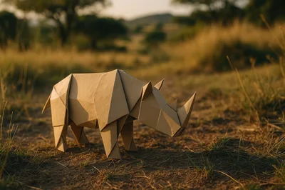 Origami Paper Rhinoceros Standing In African Savanna