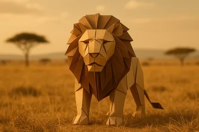 Origami Paper Lion Standing In African Savanna