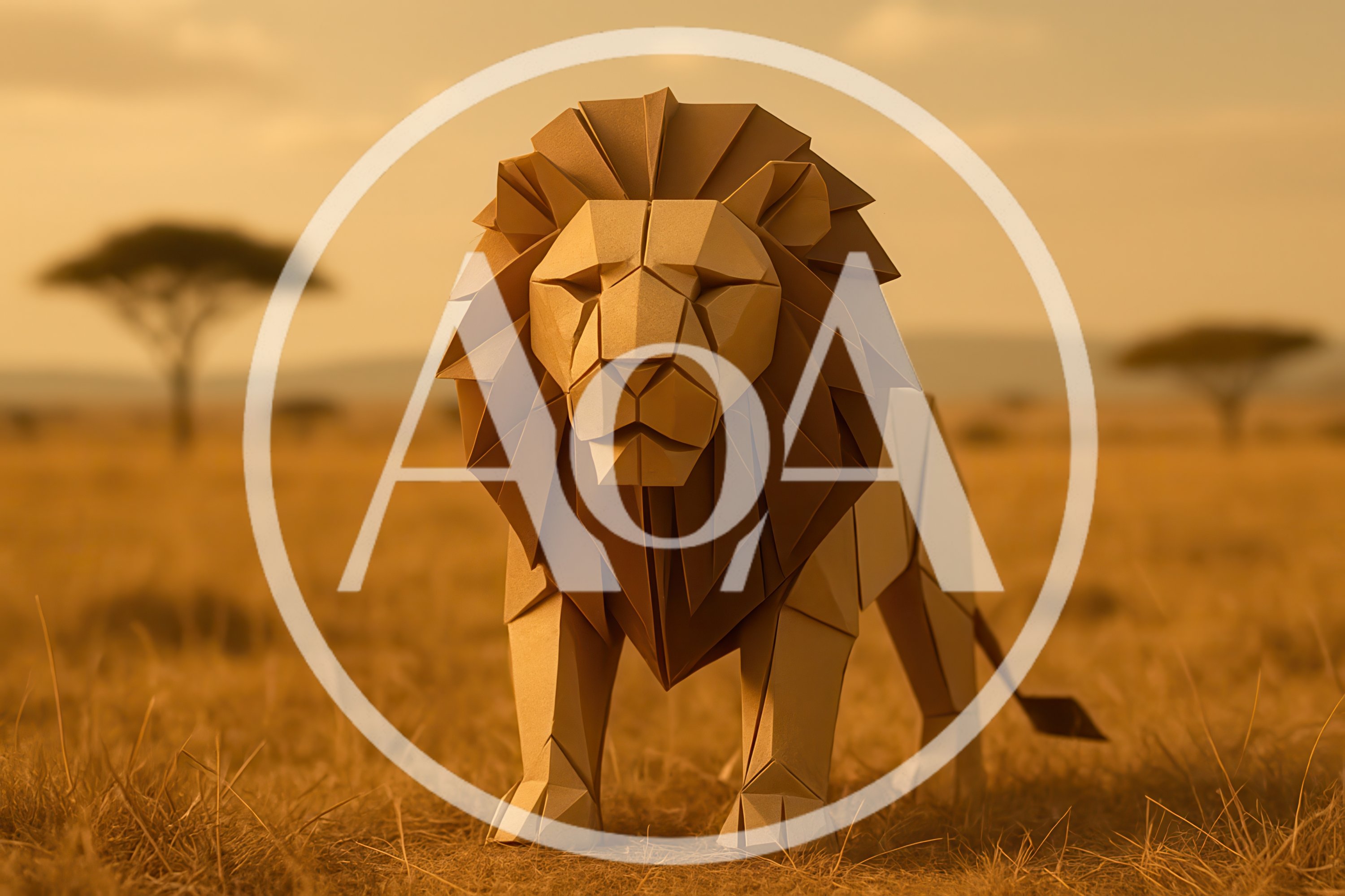 Origami Paper Lion Standing In African Savanna