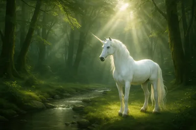 Majestic White Unicorn Standing By A Forest Stream