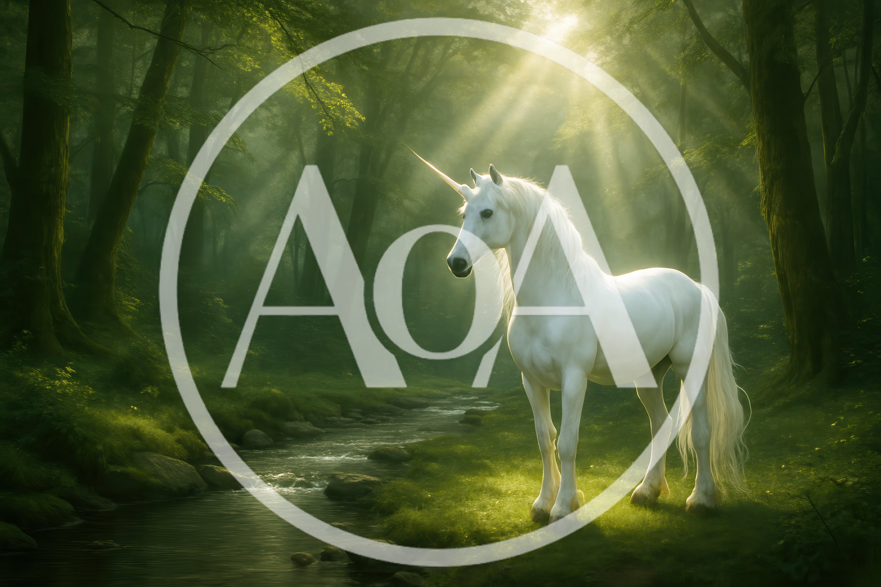Majestic White Unicorn Standing By A Forest Stream