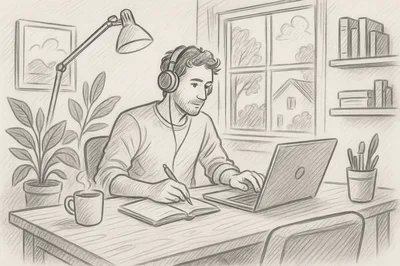 Young Man Studying With Laptop And Headphones