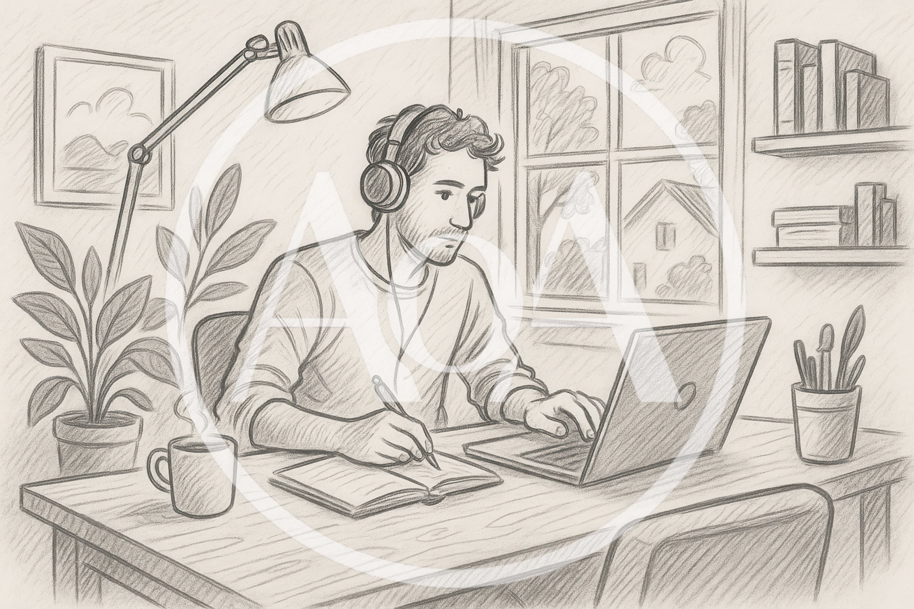 Young Man Studying With Laptop And Headphones
