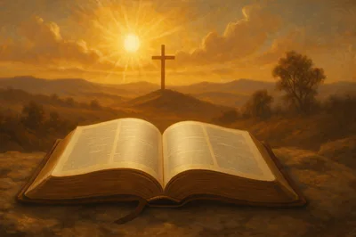 Open Bible Resting On A Hillside At Sunset