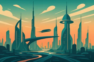 Futuristic Cityscape With Flying Vehicle At Sunset