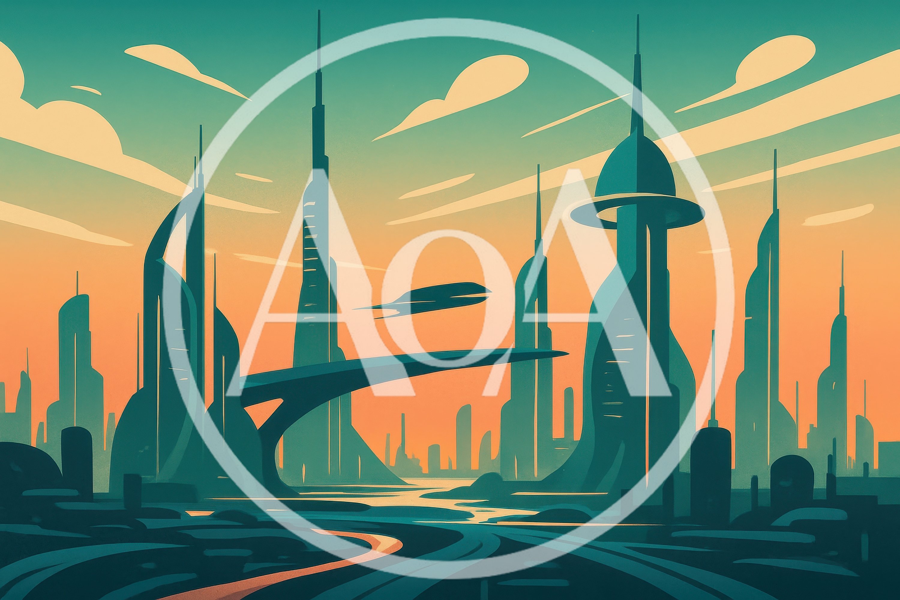 Futuristic Cityscape With Flying Vehicle At Sunset