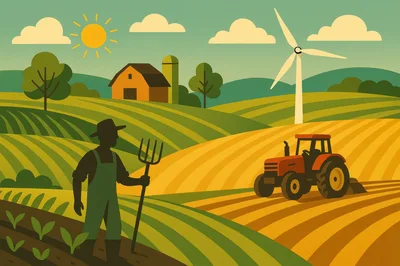 Farmer With Pitchfork And Tractor In Rural Landscape