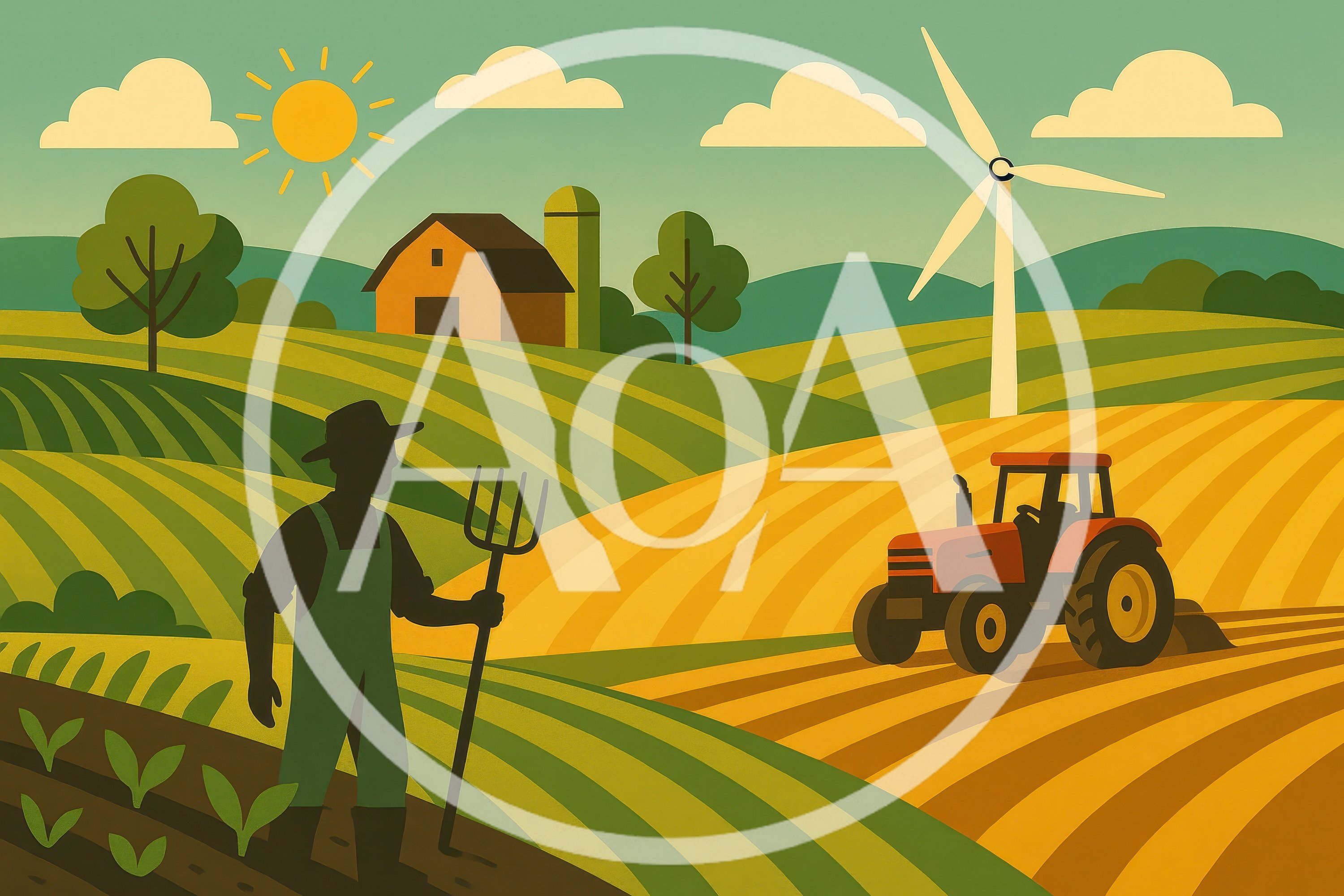 Farmer With Pitchfork And Tractor In Rural Landscape
