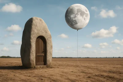 Surreal Stone Doorway With Floating Moon Balloon