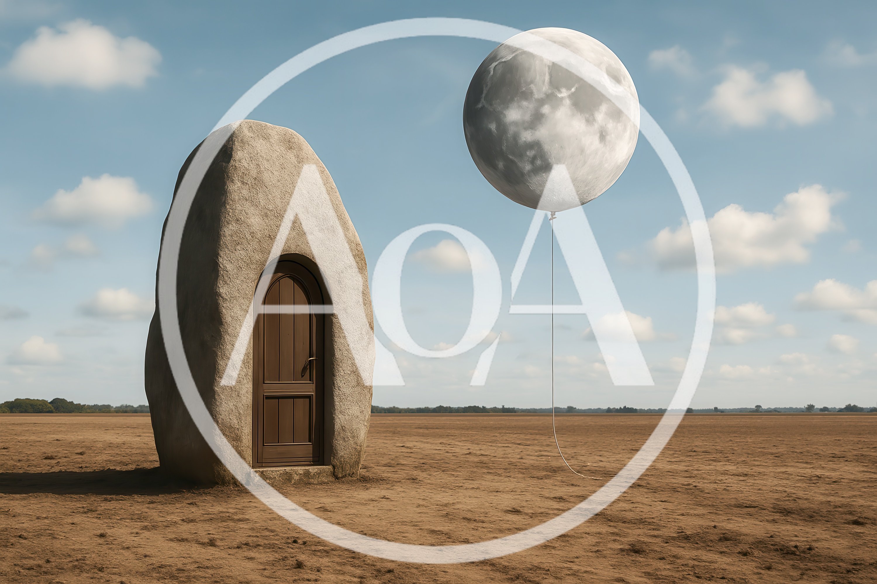 Surreal Stone Doorway With Floating Moon Balloon