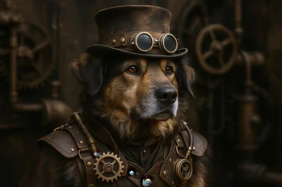Steampunk Dog Portrait With Gears And Leather Armor