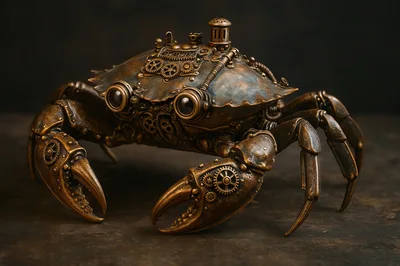 Steampunk Mechanical Crab Sculpture On Dark Background