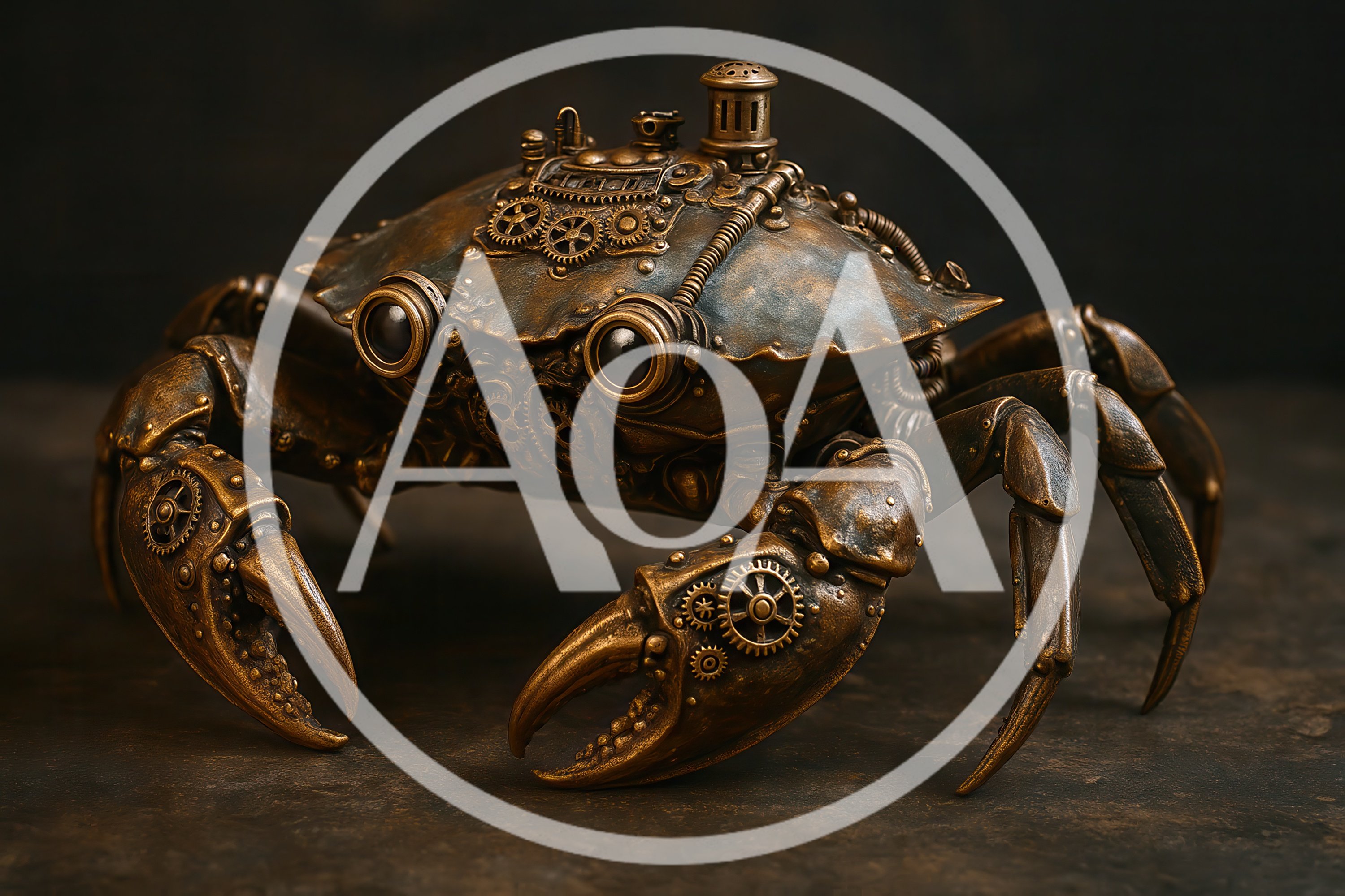 Steampunk Mechanical Crab Sculpture On Dark Background