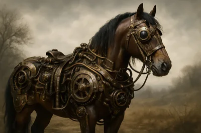 Steampunk Mechanical Horse With Brass Gears And Goggles