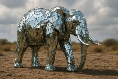 Reflective Geometric Elephant Sculpture In Open Savannah