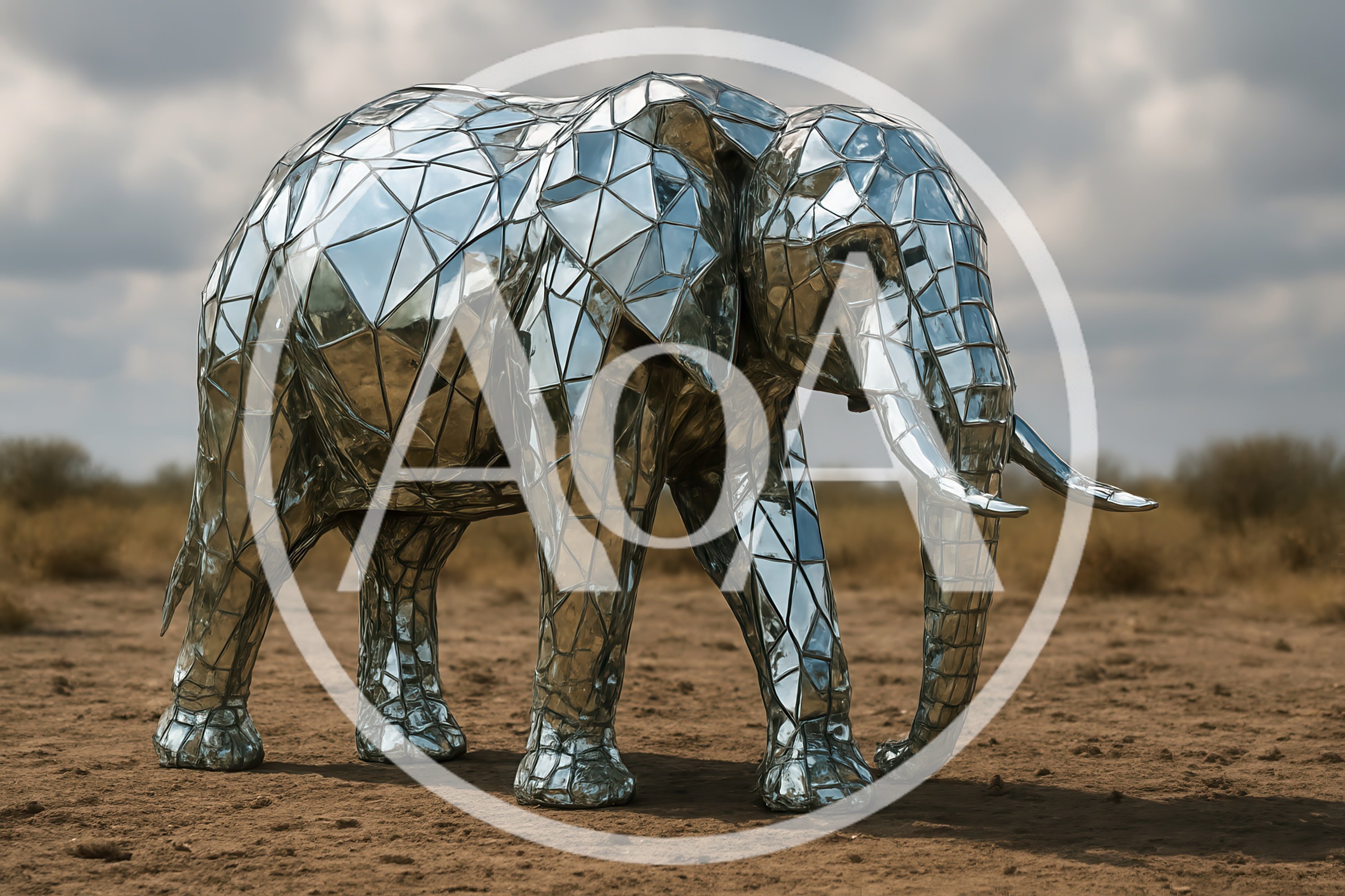 Reflective Geometric Elephant Sculpture In Open Savannah
