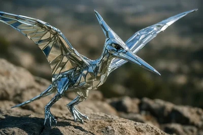 Metallic Pterodactyl Sculpture Standing On A Rocky Outcrop