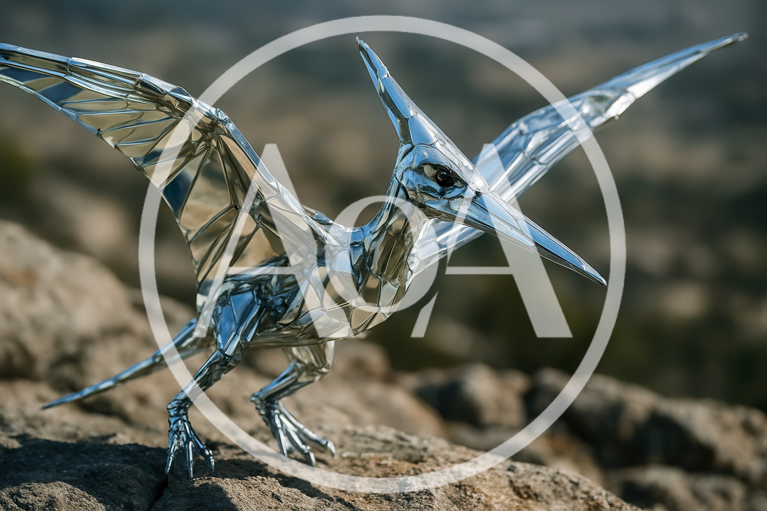 Metallic Pterodactyl Sculpture Standing On A Rocky Outcrop