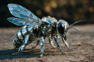 Metallic Geometric Bee Sculpture on Textured Surface