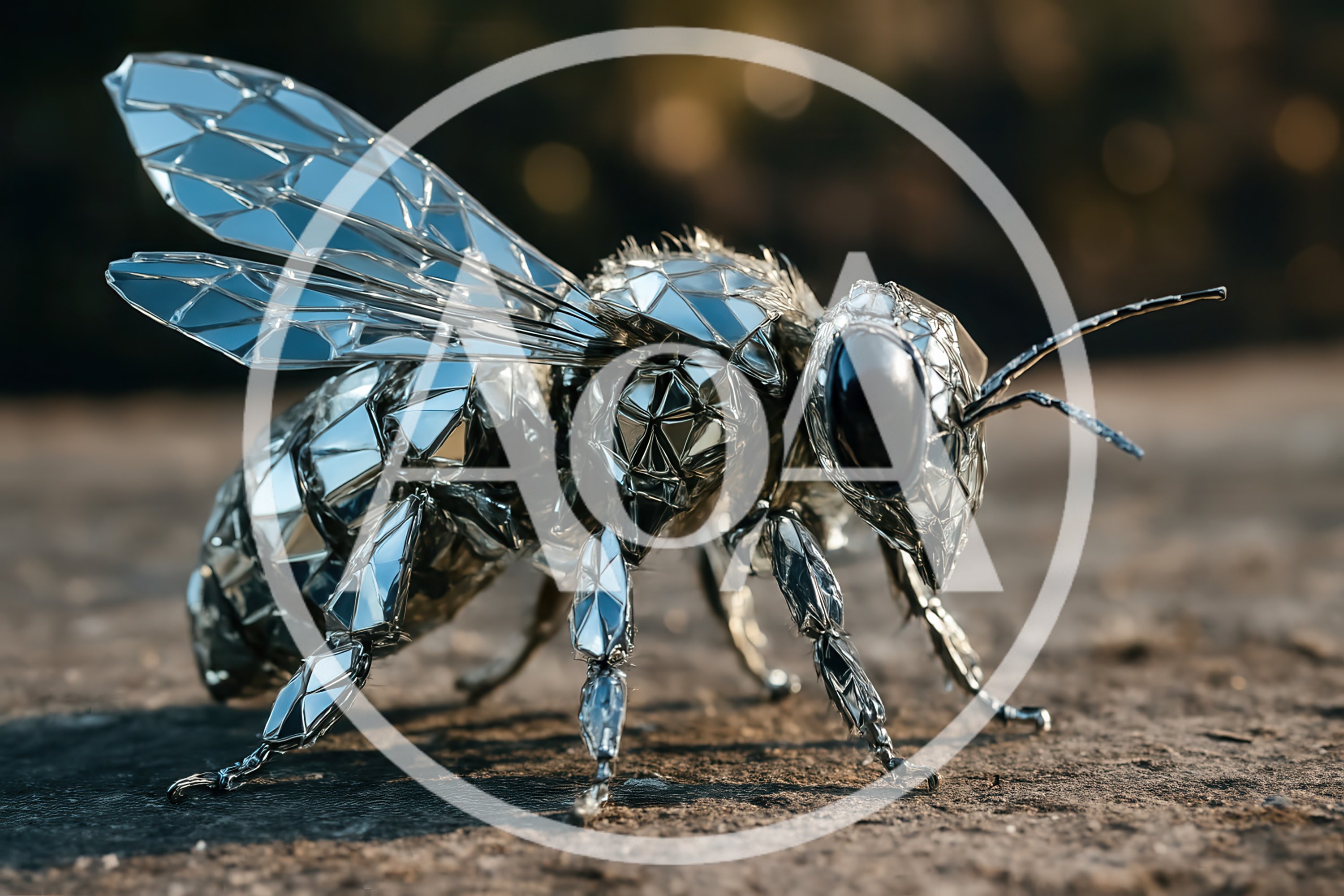 Metallic Geometric Bee Sculpture on Textured Surface