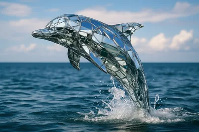 Mirrored Mosaic Dolphin Sculpture Leaping From Ocean