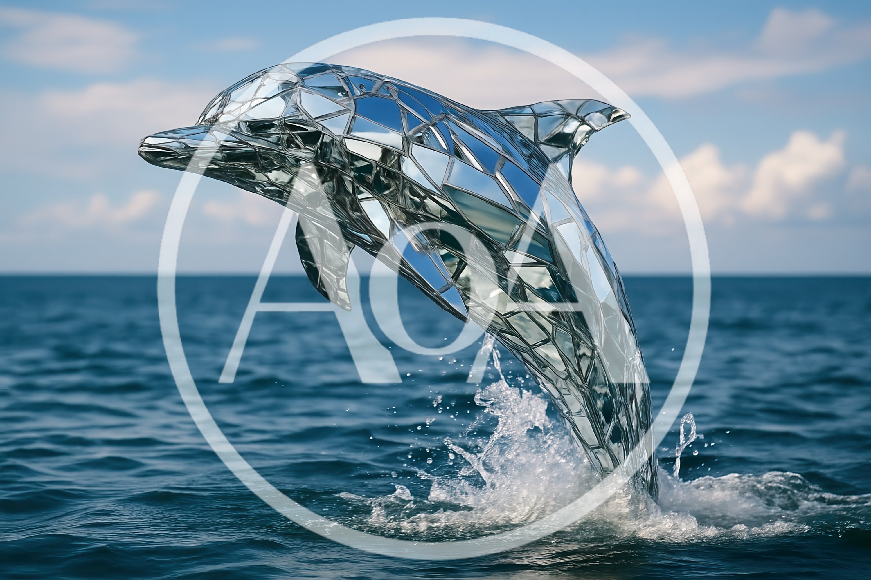 Mirrored Mosaic Dolphin Sculpture Leaping From Ocean