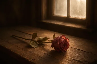Single Withered Rose On A Rustic Wooden Table