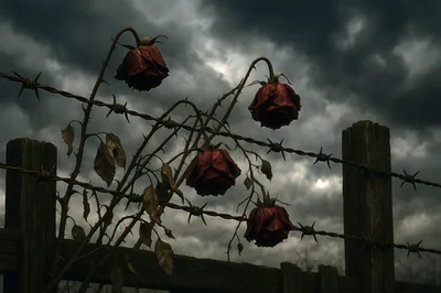 Wilted Red Roses Entangled In Barbed Wire Fence