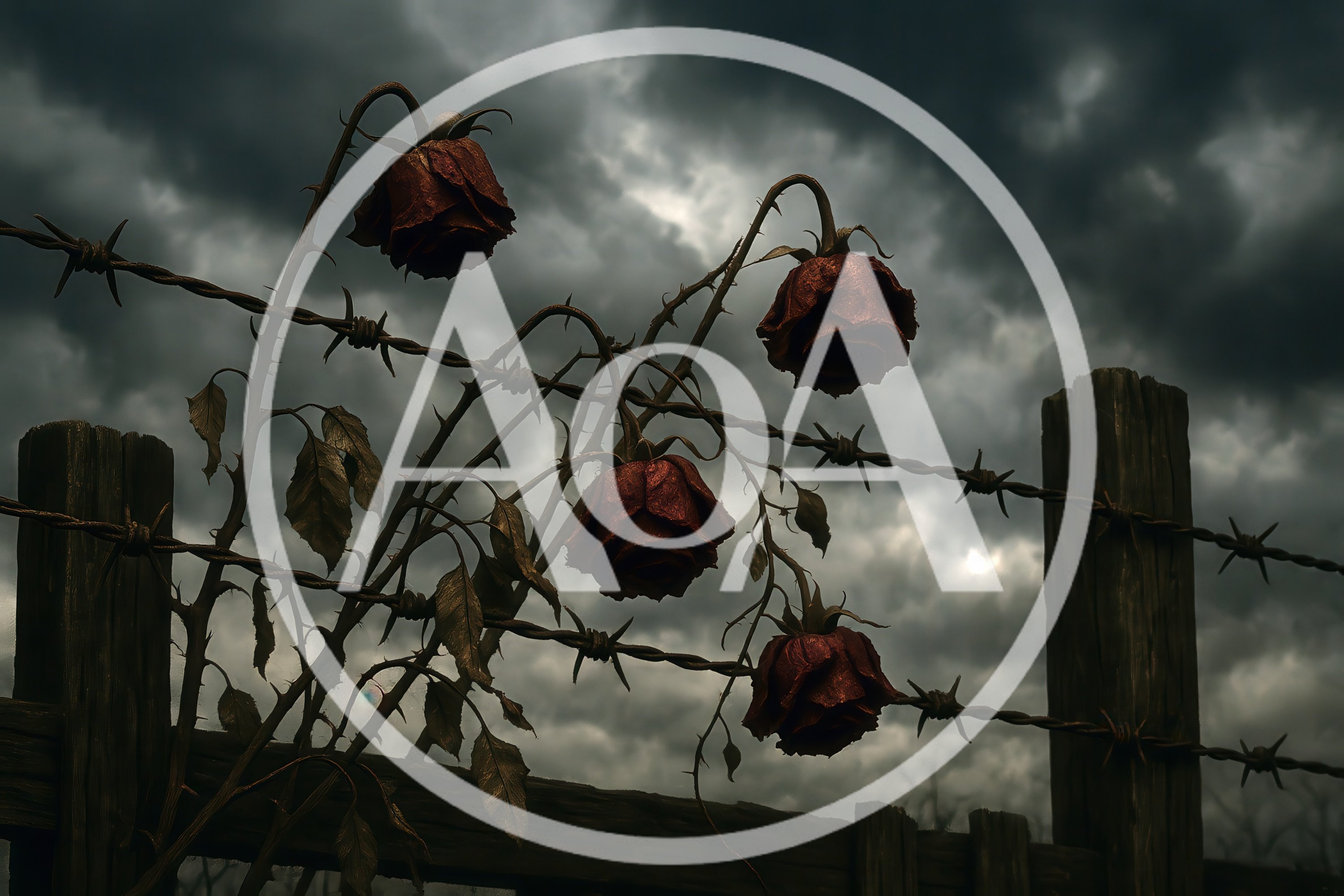 Wilted Red Roses Entangled In Barbed Wire Fence