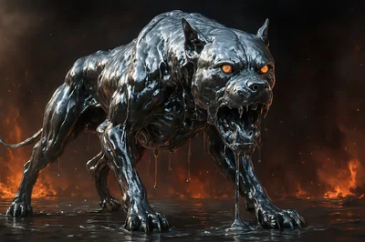 Metallic Liquid Beast Standing In Fiery Hellscape