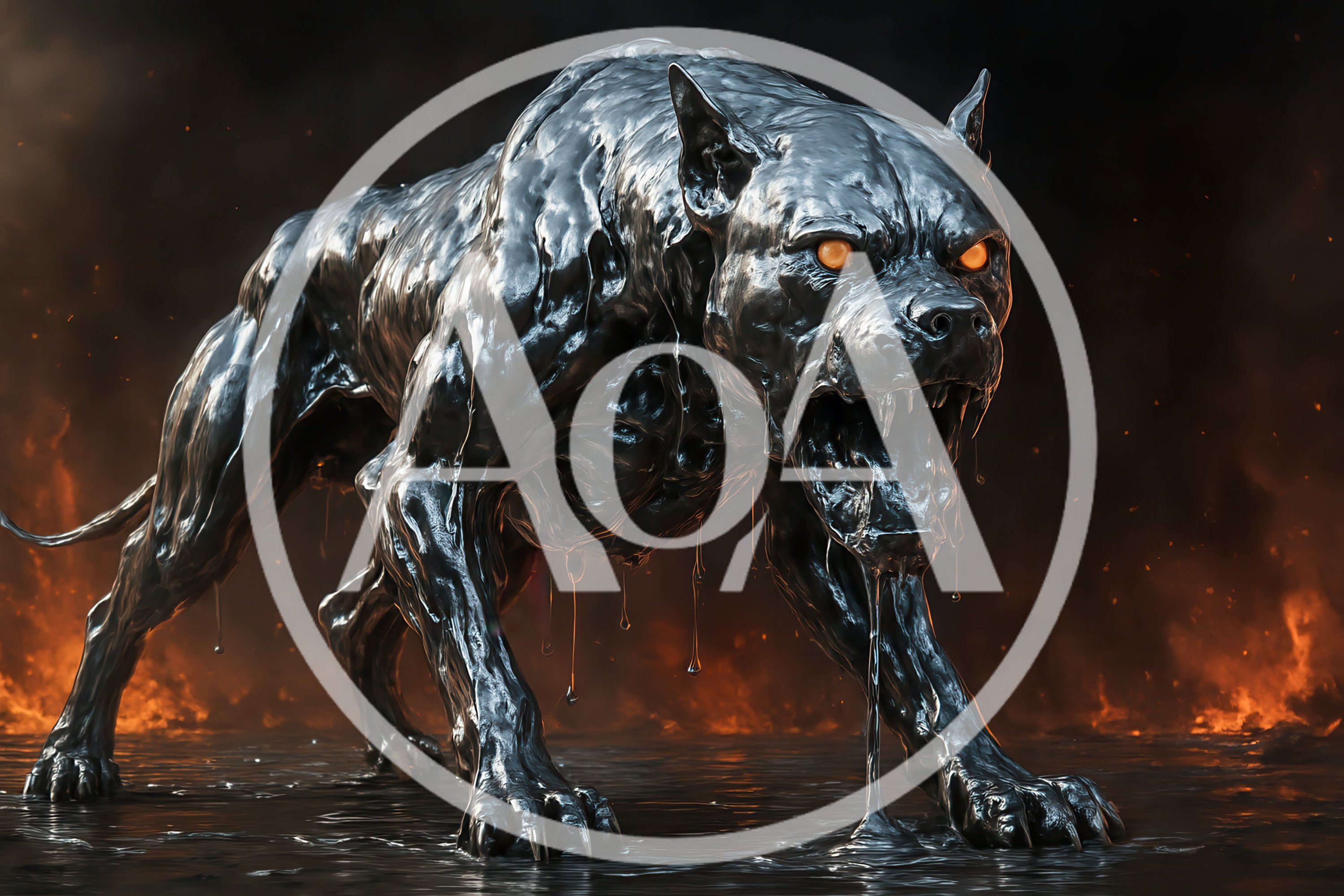 Metallic Liquid Beast Standing In Fiery Hellscape