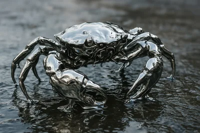 Metallic Chrome Crab Sculpture On Wet Surface