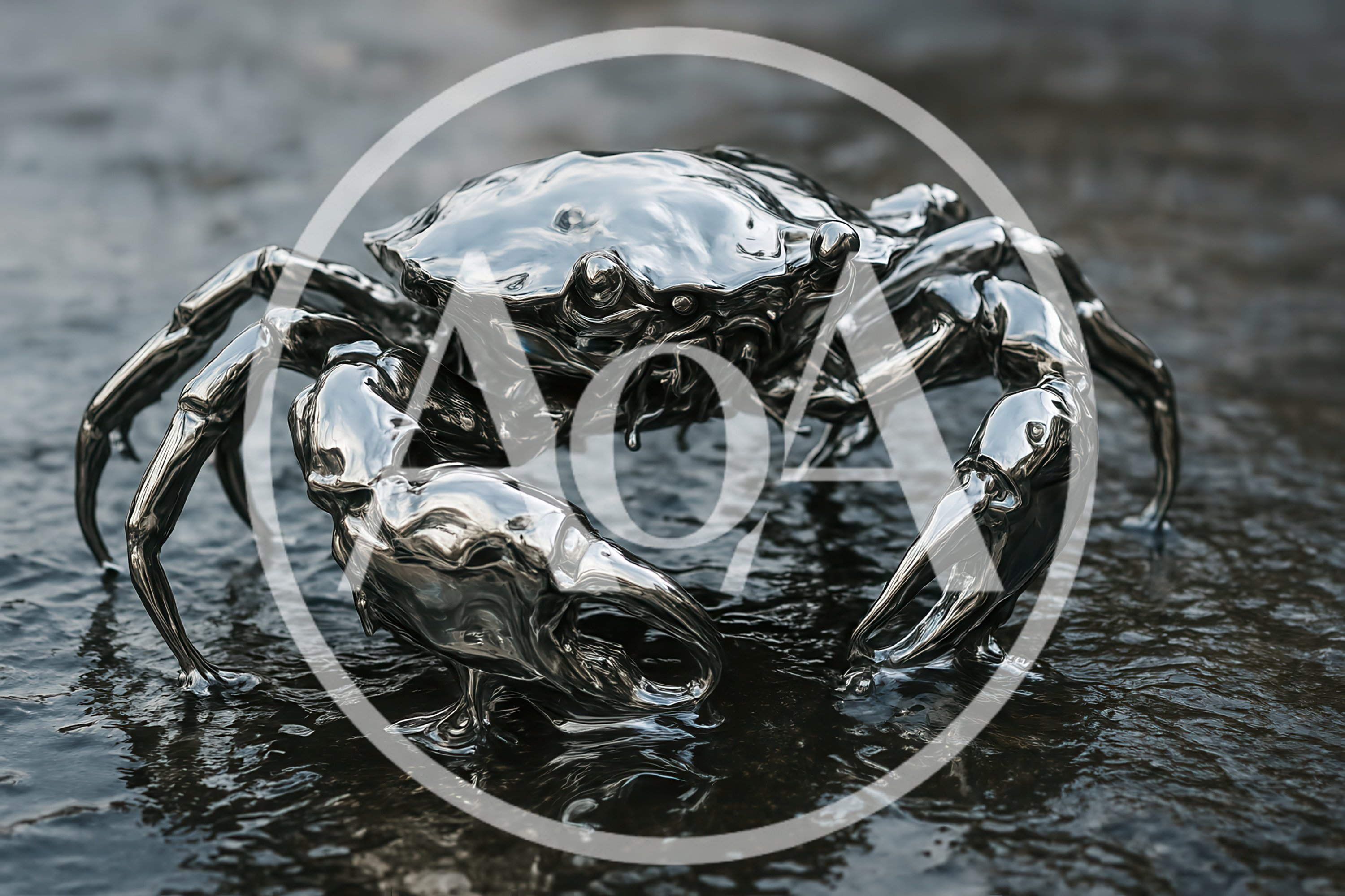 Metallic Chrome Crab Sculpture On Wet Surface