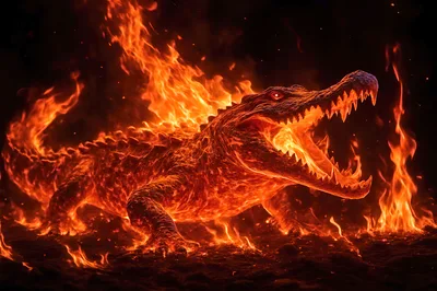 Fiery Crocodile Roaring In Intense Flames