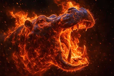 Fiery Hippopotamus Head With Open Mouth