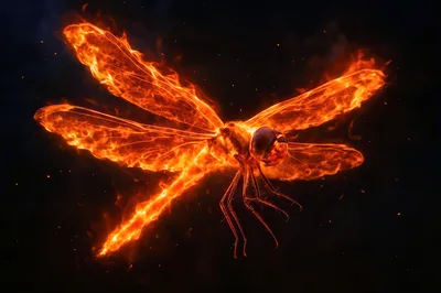 Fiery Dragonfly Flying In Dark Background